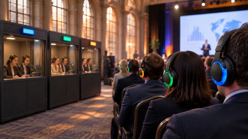 Interpreters working in booths at a conference while attendees wear LED headsets in different colours, one colour per language channel